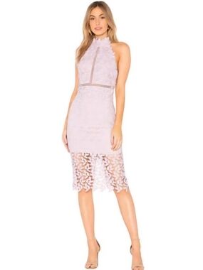 NWOT Bardot Gemma Lilac Lace Midi Dress with High Neck Spring Wedding Guest